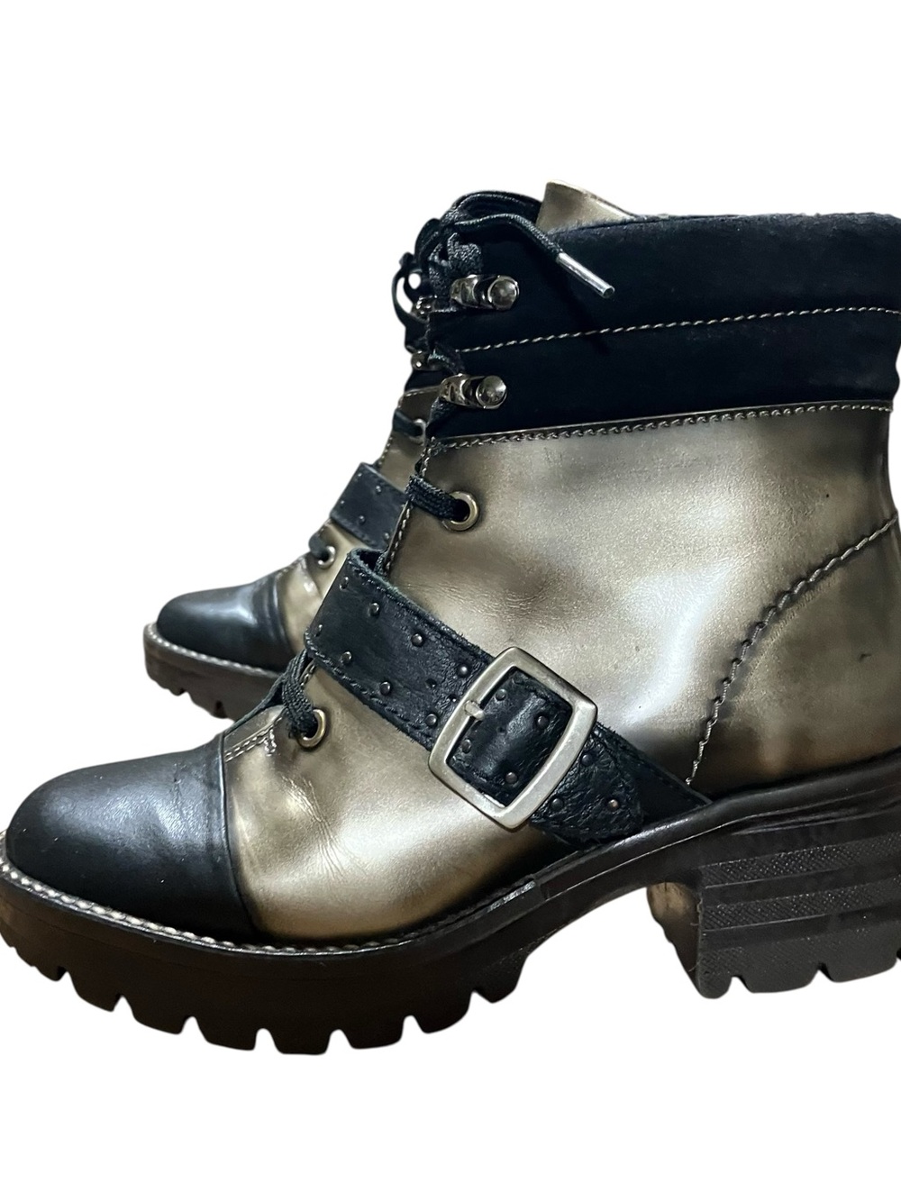 Dromedaris Leather Ankle Boots EU 38 Black Fur Lined Buckle Lug Chunky Sole - Picture 10 of 16